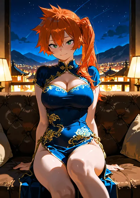 1girl, solo, kendou itsuka, boku no hero academia, sitting on a sofa, green eyes, hair between eyes, long hair, orange hair, side ponytail, large breasts, china dress, mountain cabin, night time, seductive, sexy pose, alluring atmosphere, cinematic lightin...