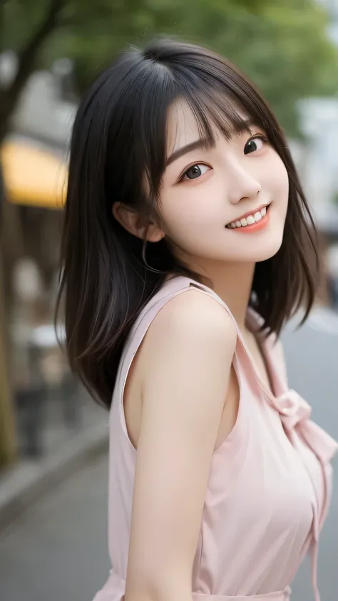 table top, Highest Quality, shape, very detailed, is fine, high resolution, 8K Wallpaper, 完璧なダイナミックな構shape, beautiful eyes and attention to detail, Tokyo Trends夏ファッション,Tokyo Trends& Cute hairstyles to wear pink summer clothes , big boobs, Natura...