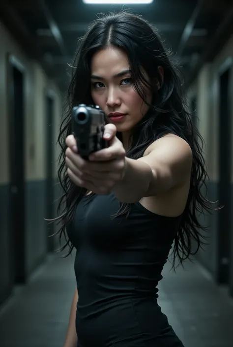 A young woman with long, damp dark hair aims a black pistol directly at the camera in a narrow, dimly lit corridor. The scene is cinematic and intense, illuminated by moody, soft lighting with a teal and amber color palette. Her expression is fierce and fo...