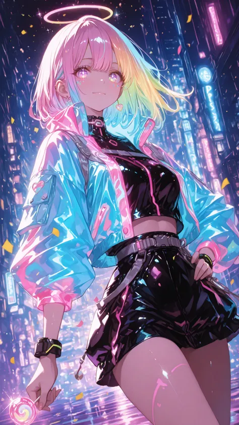 (masterpiece, detailed:1.2), masterpiece, best quality, high resolution, anime style,
pop colorful cyberpunk, neon city night, glowing signs, vibrant lights,
a cheerful girl with rainbow hair and sparkling eyes,
wearing a holographic jacket, mini skirt,...