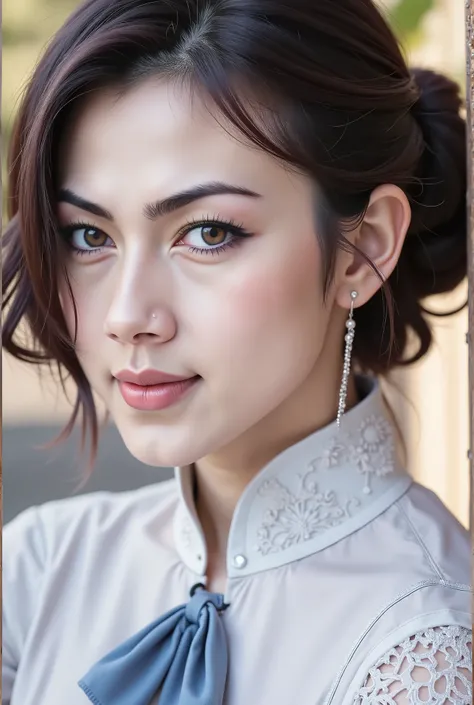 Ultrarealistic potrait of Beautiful asian muscle woman smiling open mouth , close-up half body , huge breast, cleavage visible , happy vibes beauty smile , perfect hands , auto correct detail fingers