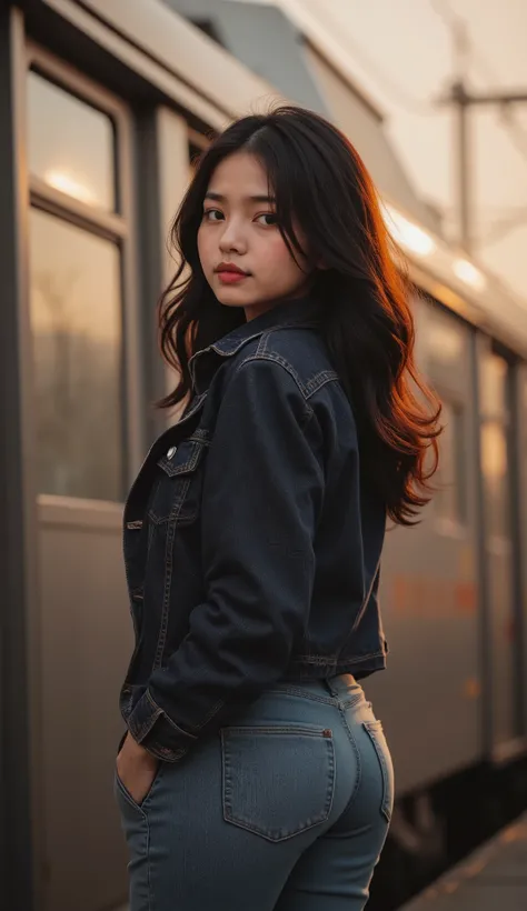 A warm-toned portrait of a young Malay Malaysian woman with long dark wavy hair, standing outdoors in front of a blurred train. She wears a casual dark denim jacket with matching denim jeans, styled in a double-denim street fashion look. Her pose is slight...