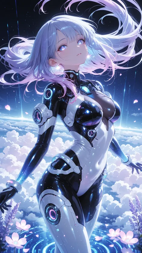 atnr, masterpiece, best quality, high resolution, anime style,
dream cyberpunk fantasy, floating girl surrounded by holographic stars and pastel light trails,
lavender-blue gradient hair flowing, shining starlight eyes,
wearing a translucent cyber suit ...