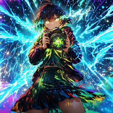 lightning eyes, flaming eyes, eye trail, XUER guangying, masterpiece, best quality, high resolution, anime style, 
dynamic action pose, a colorful girl leaping forward with energy trails around her, 
paint splashes, glowing ribbons of light, hair and skirt...
