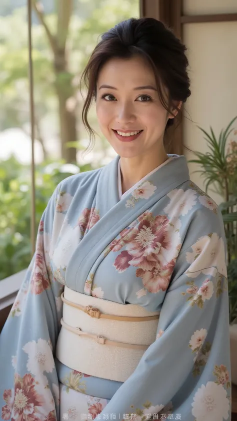 glamorous woman in her mid-50s、Take off the elegant kimono to your chest、((Lower the kimono to the point where you can see the bulge of your chest)),Kimono with a large peony flower pattern on light blue fabric、gentle smile expression、white teeth that shin...