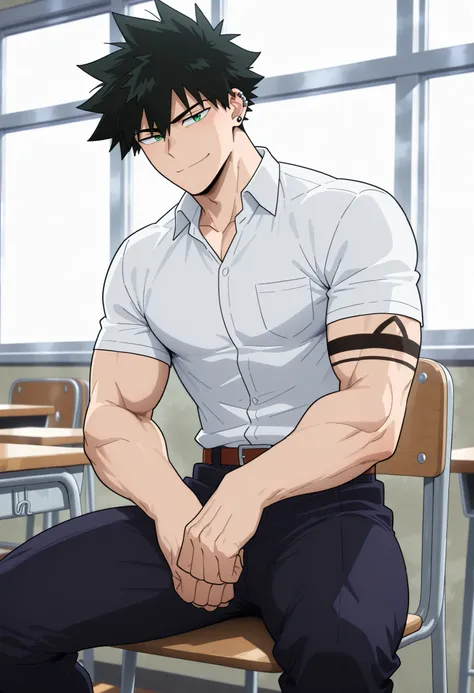 1 man, boku no hero anime style, all body, black hair, with white streak, V-shaped body, atletic body, muscular body, detailed green eyes, wearing a U.A. High School hero uniform, sitting on a school chair in a classroom, classroom with other students, nea...