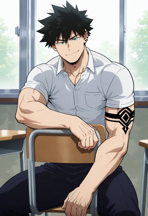 1 man, boku no hero anime style, all body, black hair, with white streak, V-shaped body, atletic body, muscular body, detailed green eyes, wearing a U.A. High School hero uniform, sitting on a school chair in a classroom, near a window, window lighting, bl...