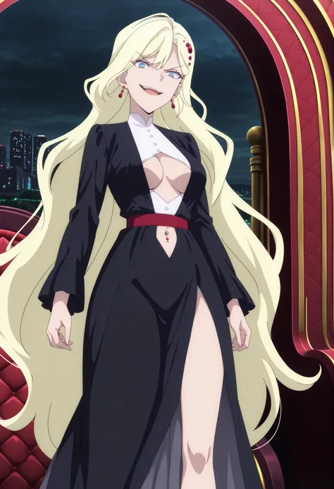 masterpiece, best quality, amazing quality,1girl, solo, BREAK
phaedr4,very long hair,blonde hair, hair ornament,blue eyes, black dress,
,looking at viewer, evil smirk,dark sky,electric magic,  masterpiece, best quality, highly detailed, a girls in long dre...