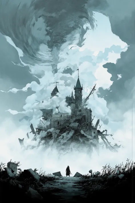 huge vortex,tornado causes、spooky castle rises,surrounded by fog,surrounded by fog,Grass can grow as much as it wants,fog quietly flowing into a dark, rough sky,Dim Natural Light,has a cold and creepy atmosphere,creates a dramatic mood,A person holding a w...