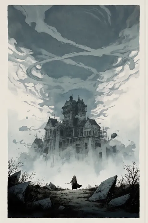 huge vortex,tornado causes、spooky castle rises,surrounded by fog,surrounded by fog,Grass can grow as much as it wants,fog quietly flowing into a dark, rough sky,Dim Natural Light,has a cold and creepy atmosphere,creates a dramatic mood,A person holding a w...