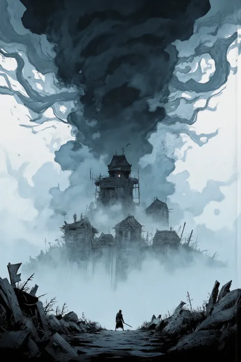 huge vortex,tornado causes、spooky castle rises,surrounded by fog,surrounded by fog,Grass can grow as much as it wants,fog quietly flowing into a dark, rough sky,Dim Natural Light,has a cold and creepy atmosphere,creates a dramatic mood,A person holding a w...