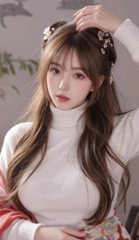 Girl wearing, luxury   skin. Color turtle neck sweater  , long wavy thick hair, glowing skin, red lips, suitable background, Japanese background with good lighting , cute poses , upper body, brown hair, ,  nose blush, making her hairs, hand on head back,  ...