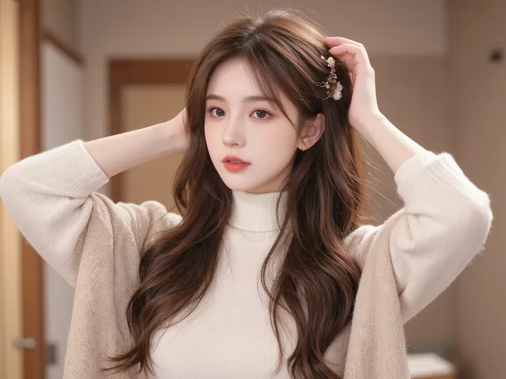 Girl wearing, luxury   skin. Color turtle neck sweater  , long wavy thick hair, glowing skin, red lips, suitable background, Japanese background with good lighting , cute poses , upper body, brown hair, ,  nose blush, making her hairs, both  hands on  back...