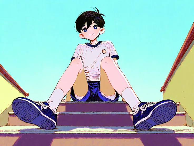 1 Boy, Young Boy, Solo, (ciloranko: 0.7), Short, Shortening, Omori Sunny, Black Hair, ((School Short-Sleeved Gym Uniform Top, School Gym Shorts, White Panties Visible Between Shorts)), Short Hair, Top Quality, Black Hair, Men's Underwear, Blue Eyes, Shota,...
