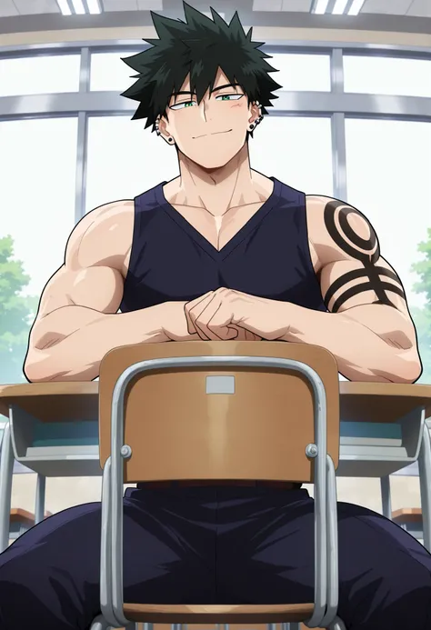 1 man, boku no hero anime style, all body, black hair, with white streak, V-shaped body, atletic body, muscular body, detailed green eyes, wearing a U.A. High School hero uniform, sitting on a school chair in a classroom, classroom with other students, nea...