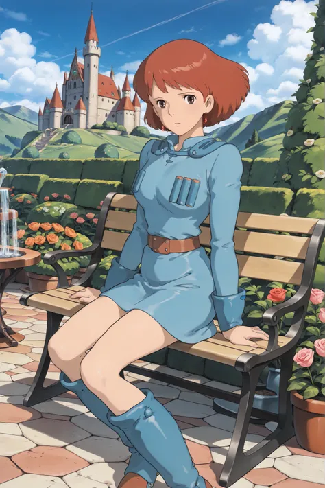 (Masterpiece, top quality, 8k, High quality anime, detailed and accurate anime poster, Studio Ghibli style, High sense Art ), Nausicaa, 1girl, very cool, she is sitting on bench in English garden, beautiful rose garden, garden table, small fountain, look ...
