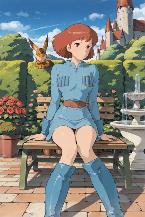 (Masterpiece, top quality, 8k, High quality anime, detailed and accurate anime poster, Studio Ghibli style, High sense Art ), Nausicaa, 1girl, very cool, she is sitting on bench in English garden, beautiful rose garden, garden table, small fountain, look ...