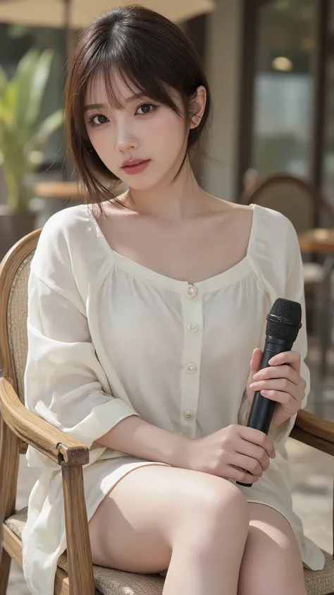 sexy,thigh-high,Sitting on a cafe chair in the warm sunshine,Teenage Korean female idol singers, short hair hairstyle, Thick textured loose-fit, Silk blouse with V-shaped buttons on the chest, Big breasts and a top that looks like it's bursting out, white ...
