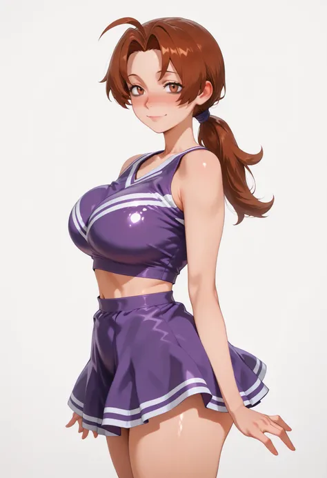 deliaketchum, brown hair, brown eyes, parted bangs, ahoge, ponytail, low ponytail, Solo, Delia Ketchum from Pokémon, BIG BREASTS , shiny skin, shiny hair, shiny body, clear body, white background, empty background, ,, , DYNAMIC POSE , white background, emp...