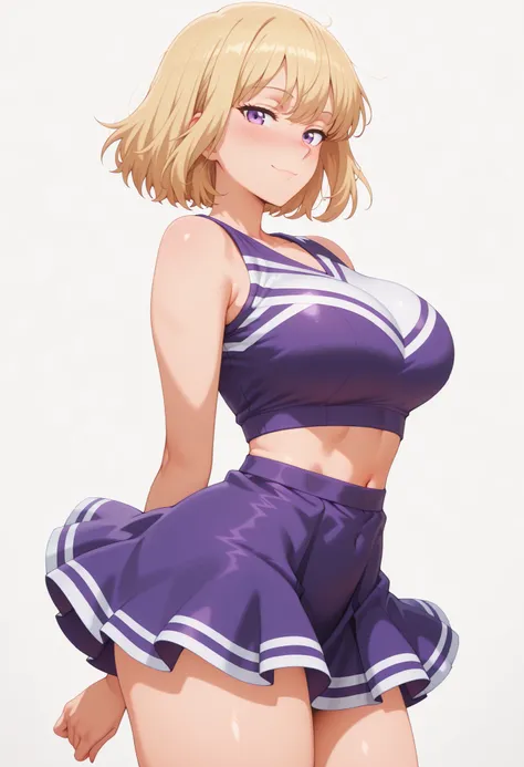 masterpiece, best quality, amazing quality, 1girl, solo, looking at viewer, blushing,, mature girl,side view, light smile, seductive, short hair, blonde hair, purple eyes, , ,bubble breasts, seductive twist, exaggerated voluptuous figure with impossibly la...