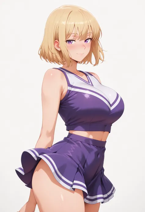 masterpiece, best quality, amazing quality, 1girl, solo, looking at viewer, blushing,, mature girl,side view, light smile, seductive, short hair, blonde hair, purple eyes, , ,bubble breasts, seductive twist, exaggerated voluptuous figure with impossibly la...