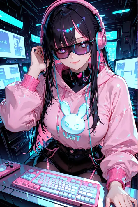 1 girl, Hacker, earphones , pink jumper , cyberpunk style sunglasses, Computer tower, flashing lights, urgent hacking work, background that seems to explode, game illustration, animation, 8k, Masterpiece