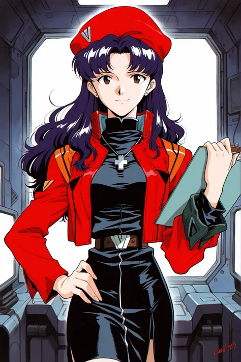 (masterpiece, best quality, official art, 1girl, solo), katsuragi misato, red jacket, turtleneck, long sleeves, open jacket, long purple hair, tilted head, smile, cross necklace, signature, closed mouth, parted bangs, stud earrings, black shirt, red beret,...