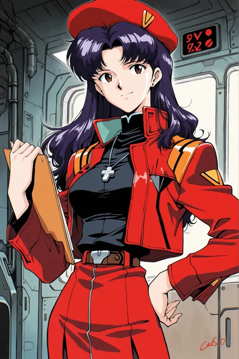 (masterpiece, best quality, official art, 1girl, solo), katsuragi misato, red jacket, turtleneck, long sleeves, open jacket, long purple hair, tilted head, smile, cross necklace, signature, closed mouth, parted bangs, stud earrings, black shirt, red beret,...