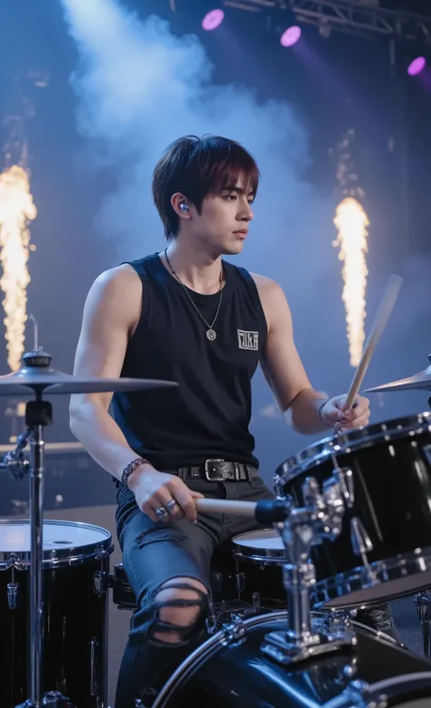 masterpiece, photorealistic, 8k UHD, ultra-detailed, hyper-realistic, best quality, striking male drummer, medium-length tousled hair with side undercut, natural black with subtle red tips, strong facial features with intense gaze, 3/4 angle view, wearing ...