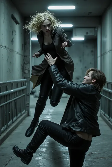 A realistic cinematic action scene showing a blonde woman mid-air, attacking a man. She has short, messy platinum-blonde hair and wears a long dark coat, black clothes, and black leather boots. Her face shows anger and determination as she jumps toward a m...