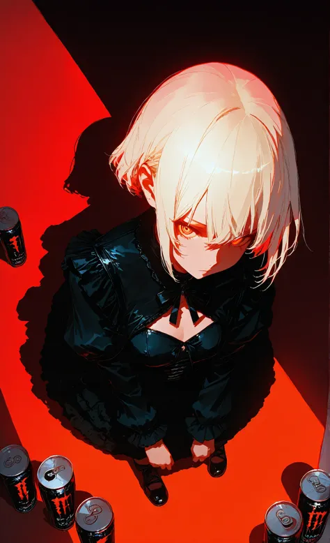 Platinum Blonde Pixie Cut、Oblique View from Above、Empty Energy Drink Cans、Anime-Style Hacker with Cute Face, Black Gothic Style Outfit, (cinematic lighting:1.3), (Dramatic Shadow:1.2), (low key lighting:1.4), (color lighting:1.3), (backlight:1.2), Digital...