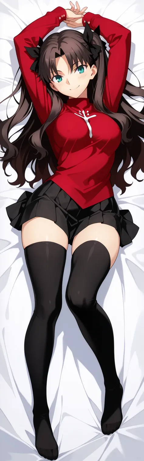 masterpiece, best quality, highly detailed, 4k, anime style, 1girl, tohsaka rin (fate/stay night), reddish-brown hair, twin tails, black ribbons, green eyes, red sweater tight on body, subtle body lines visible, black skirt tight on hips, thigh-high black ...