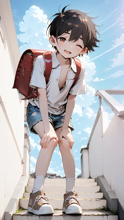 (Masterpiece: 1.2), 4k, (Top Quality, High Resolution, High Detail), 1 Boy, Solo, ((Omori Sunny)), (Young Boy), ((Elementary School Student)), ((Randoseru)), Short Shiny Black Hair, Hair Blowing in the Wind, (Large, Detailed Brown Eyes, Winking), Open Mout...