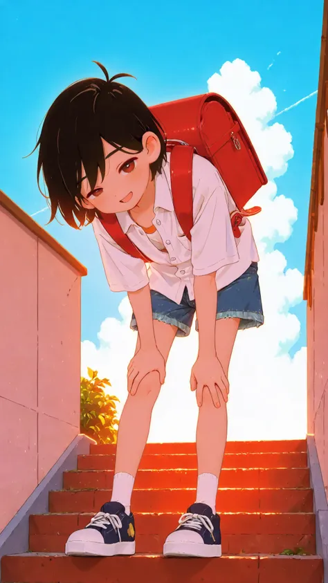 (Masterpiece: 1.2), 4k, (Top Quality, High Resolution, High Detail), 1 Boy, Solo, ((Omori Sunny)), (Young Boy), ((Elementary School Student)), ((Randoseru)), Short Shiny Black Hair, Hair Blowing in the Wind, (Large, Detailed Brown Eyes, Winking), Open Mout...