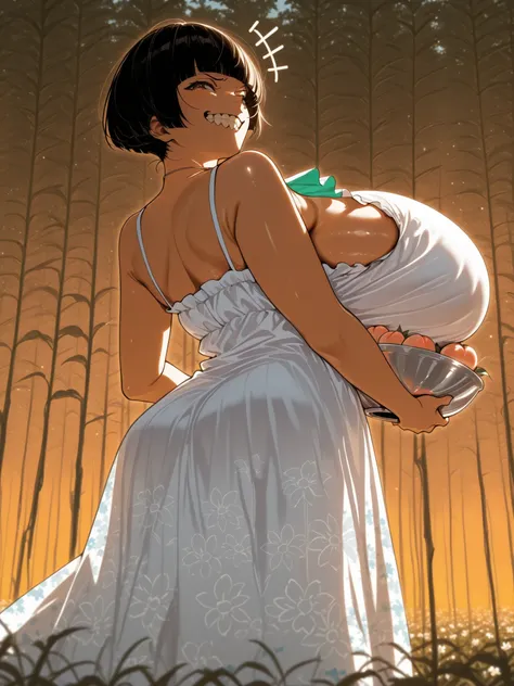 1girl,solo,smile,outdoor, () (from behind:1.1), (in a field of sunflowers) (floral sundress), (sidewinders), (smug expression,  smug emotions:1.1) ,hair in her face, dark hair, (bowl cut hair:1.2) shiny dark hair, peach colored ascot, (breast silhouette), ...