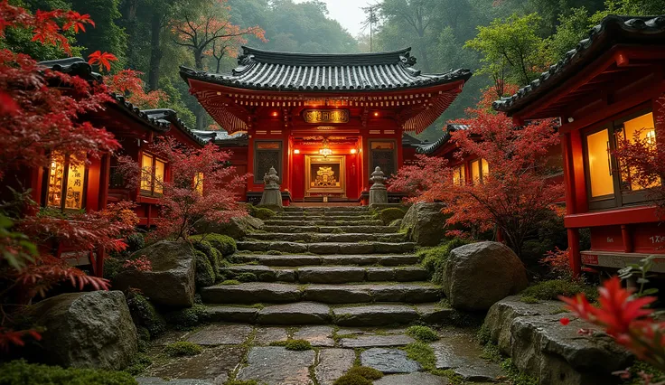 (A vermilion Japanese temple appears after climbing the old mossy stone steps:1.5),(A magnificent old shrine appears after climbing the mossy stone steps:1.5), (A beautiful world of sunsets:1.5),A mysterious world),fantastic atmosphere,A fox fire is lit in...