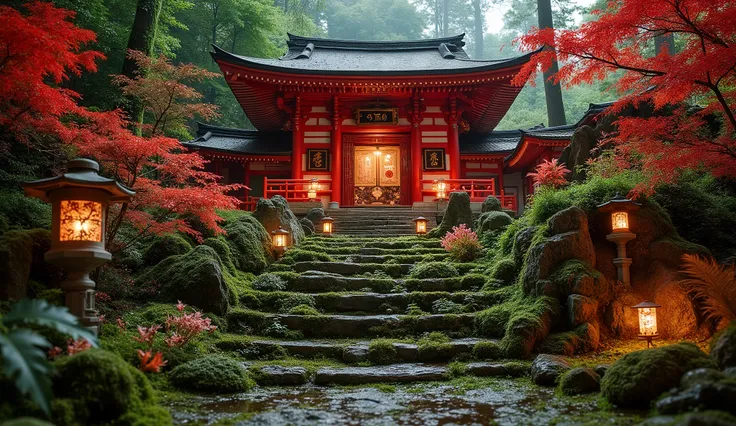 (A vermilion Japanese temple appears after climbing the old mossy stone steps:1.5),(A magnificent old shrine appears after climbing the mossy stone steps:1.5), (A beautiful world of sunsets:1.5),A mysterious world),fantastic atmosphere,A fox fire is lit in...