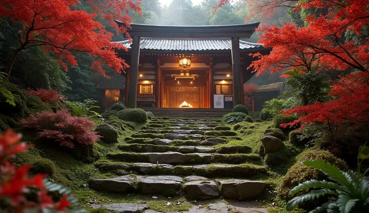 (A vermilion Japanese temple appears after climbing the old mossy stone steps:1.5),(A magnificent old shrine appears after climbing the mossy stone steps:1.5), (A beautiful world of sunsets:1.5),A mysterious world),fantastic atmosphere,A fox fire is lit in...