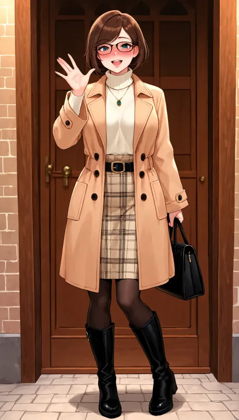  masterpiece, best quality, 1 woman ,an adult female, solo, brown hair, swept bangs, short bob hair, looking at viewer, smile, open mouth,rouge lips ,turtleneck,pendant,belt plaid skirt,pantyhose,long boots,coat,hand bag , standing , Japanese pub entrance,...