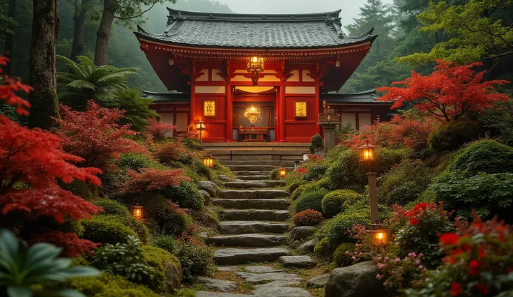 (A vermilion Japanese temple appears after climbing the old mossy stone steps:1.5),(A magnificent old shrine appears after climbing the mossy stone steps:1.5), (A beautiful world of sunsets:1.5),A mysterious world),fantastic atmosphere,A fox fire is lit in...