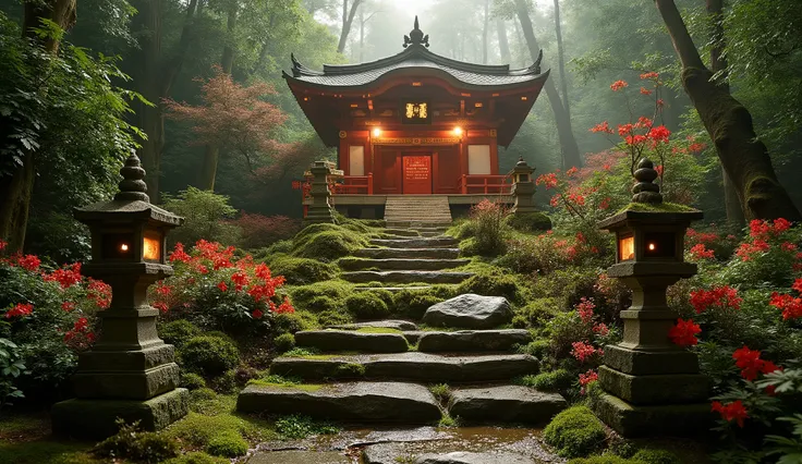 (A vermilion Japanese temple appears after climbing the old mossy stone steps:1.5),(A magnificent old shrine appears after climbing the mossy stone steps:1.5), (A beautiful world of sunsets:1.5),A mysterious world),fantastic atmosphere,A fox fire is lit in...