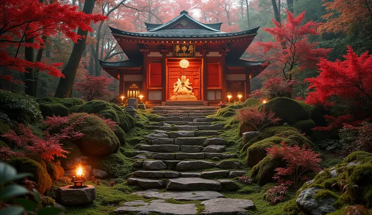 (A vermilion Japanese temple appears after climbing the old mossy stone steps:1.5),(A magnificent old shrine appears after climbing the mossy stone steps:1.5), (A beautiful world of sunsets:1.5),A mysterious world),fantastic atmosphere,A fox fire is lit in...