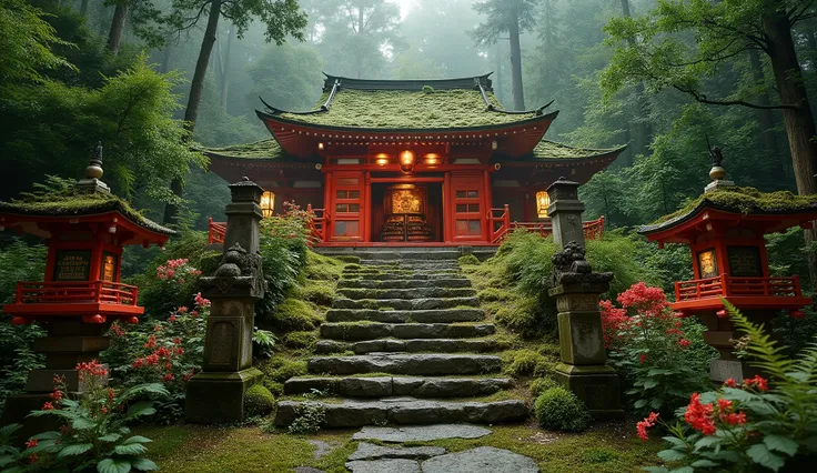 (A vermilion Japanese temple appears after climbing the old mossy stone steps:1.5),(A magnificent old shrine appears after climbing the mossy stone steps:1.5), (A beautiful world of sunsets:1.5),A mysterious world),fantastic atmosphere,A fox fire is lit in...