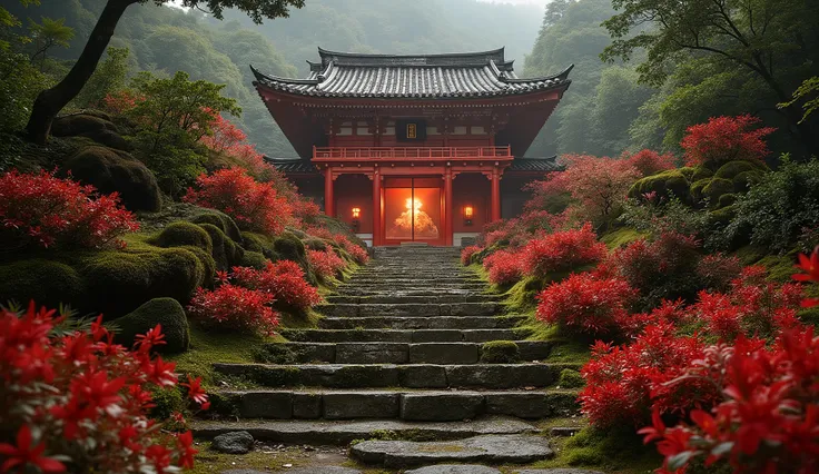 (A vermilion Japanese temple appears after climbing the old mossy stone steps:1.5),(A magnificent old shrine appears after climbing the mossy stone steps:1.5), (A beautiful world of sunsets:1.5),A mysterious world),fantastic atmosphere,A fox fire is lit in...