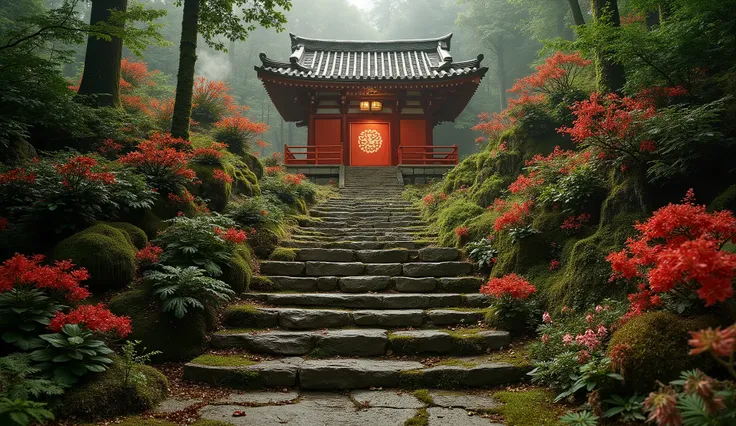 (A vermilion Japanese temple appears after climbing the old mossy stone steps:1.5),(A magnificent old shrine appears after climbing the mossy stone steps:1.5), (A beautiful world of sunsets:1.5),A mysterious world),fantastic atmosphere,A fox fire is lit in...
