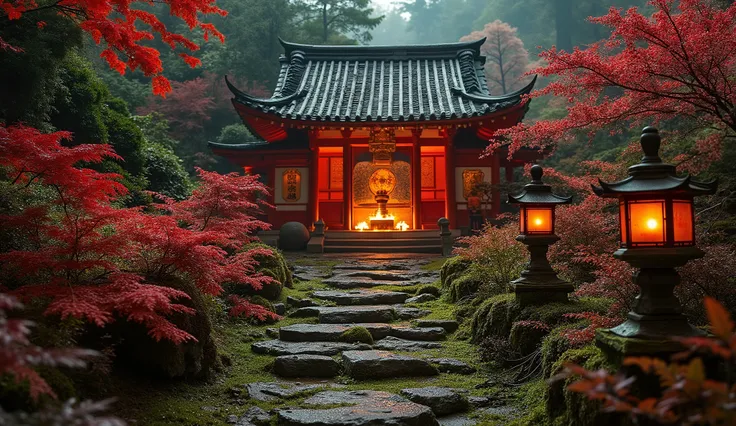 (A vermilion Japanese temple appears after climbing the old mossy stone steps:1.5),(A magnificent old shrine appears after climbing the mossy stone steps:1.5), (A beautiful world of sunsets:1.5),A mysterious world),fantastic atmosphere,A fox fire is lit in...