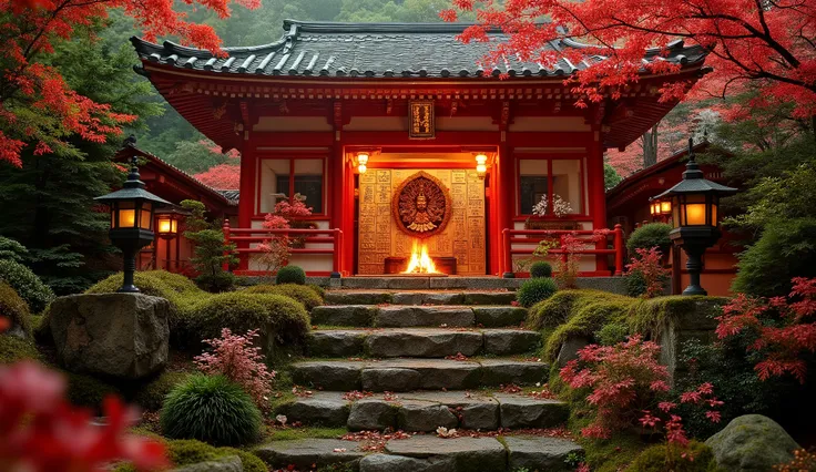 (古いAs I climbed the mossy stone steps, 、a vermilion Japanese temple appears:1.5),(As I climbed the mossy stone steps, 、A magnificent old shrine appears:1.5), (A beautiful world dyed in the sunset:1.5),A mysterious world),fantastic atmosphere,A fox fire is ...