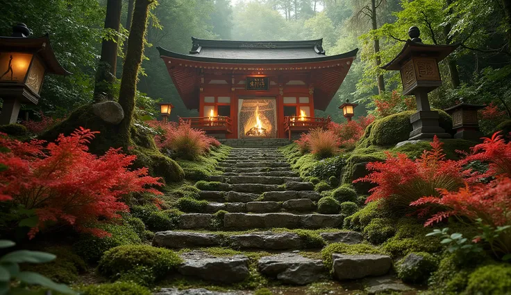 (古いAs I climbed the mossy stone steps, 、a vermilion Japanese temple appears:1.5),(As I climbed the mossy stone steps, 、A magnificent old shrine appears:1.5), (A beautiful world dyed in the sunset:1.5),A mysterious world),fantastic atmosphere,A fox fire is ...