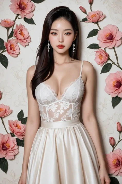 masterpiece, best quality, ultra-high definition, Korean woman,floral background, 8k resolution, glamour, glimmer, ethereal, artstation, aesthetic, gothic, Lace, concept art, smooth, dreamy, backlit, fantastical, shadows, smooth,realistic