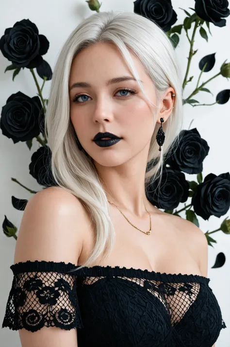 1girl, solo, mature female, Off-shoulder cat knit, looking at viewer, (falling black petals), perfect composition, detailed lips, beautiful face, piercings, blush, (black lips), long hair, white hair, one white ye the other blue, devious gaze, realistic, d...